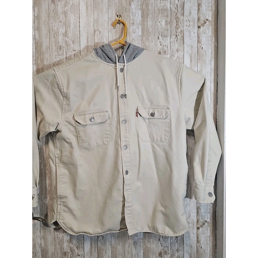 Levi's hooded Overshirt Beige Oversized Denim Jean Shirt Jacket (L) Heavyweight